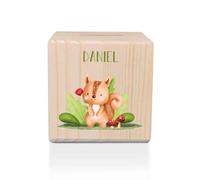 GRAVURZEILE Tirelire en bois - Animaux de la forêt - Personnalisable - Cadeaux personnalisés pour filles et garçons - Pour anniversaire, communion, rentrée des classes - Cadeau pour enfants - Écureuil