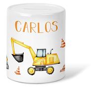 GRAVURZEILE Tirelire pour enfants Design chantier Personnalisé avec nom Cadeau pour garçons et filles pour anniversaire, communion, naissance, rentrée des classes de Noël Cadeau pour les