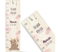 GRAVURZEILE Toise de mesure pour enfant en bois - Teddy rose design - avec nom pour chambre d'enfant - Échelle mesure 80-140 cm - Taille 20 x 70 x 2 cm - Cadeau naissance pour fille et garçon