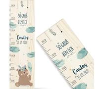 GRAVURZEILE Toise en bois pour enfant - Design Teddy bleu - Avec nom pour chambre d'enfant - Échelle de 80 à 140 cm - Dimensions : 20 x 70 x 2 cm - Cadeau de naissance pour filles et garçons