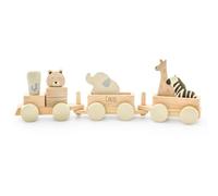 GRAVURZEILE Train de fer en bois gravé - Jungle Jambo - Personnalisable avec nom - Jouet pour enfant - Train en bois - Locomotive avec 2 wagons et 5 animaux - Cadeau de naissance pour garçons et