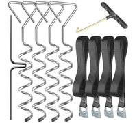 Graxury 4 Pièces Kit d'Ancrage Robuste pour Trampoline - Piquets en Acier Galvanisé Anti-Rouille en Forme de Tire-Bouchon pour Trampolines, Balançoires avec 4 Sangles et un Outil de Traction à Ressort