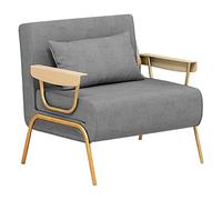 Gray Folding Sofa Bed with Foam Mattress & Oak Armrests, 6-Position Adjustable Backrest Sleeper Chair - Perfect Extra Bed for Guests in Living Room (186 x 83 x 30 cm)