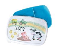 GRAZDesign Boîte à lunch personnalisée pour enfants, boîte à lunch bleue de la maternelle avec séparateurs, noms et cadeau d'inscription à l'école de ferme de tracteur pour garçons filles