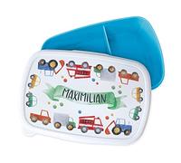GRAZDesign Boîte à lunch personnalisée pour enfants, boîte à lunch bleue de la maternelle avec séparateurs, noms et cadeau d'école de voitures pour garçons filles