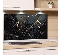 GRAZDesign Crédence de cuisine en verre pour cuisinière et évier de cuisine, aspect granit noir avec lignes dorées - Plaque en verre arrière pour mur de cuisine - 100 x 50 cm