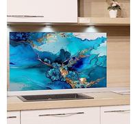 GRAZDesign Protection contre les éclaboussures pour crédence de cuisine en verre pour la cuisine pour la cuisinière et l'évier de cuisine, marbre bleu, turquoise avec des lignes dorées | Plaque de