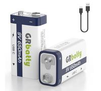 GRbatty Pack de 2, Pile 9V Rechargeable Lithium ION, 650mAh, Charge Rapide | USB-C, 800 cycles, Longue durée Ultralife, Pile 9V 6LR61 6F22 pour détecteurs de fumée, alarmes incendie