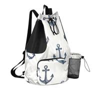 Grckit Sac de bain à motif ancre avec poche humide, sac à dos léger et pliable avec cordon de serrage pour la natation, la gym, la randonnée, la pêche, les voyages pour homme et femme