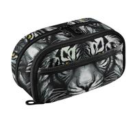 Grckit Tiger Trousse à crayons noire et blanche, grande capacité, organiseur multi-compartiments avec boucles élastiques pour stylos, fenêtre transparente, double fermeture éclair, 21 x 7,9 x 12,4 cm