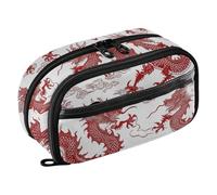 Grckit Trousse à crayons dragon rouge chinois, grande capacité, organiseur multi-compartiments avec boucles élastiques pour stylos, fenêtre transparente, double fermeture éclair, 21 x 7,9 x 12,4 cm