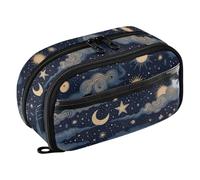 Grckit Trousse à crayons étoiles et lune, organiseur multi-compartiments de grande capacité avec boucles élastiques pour stylos, fenêtre transparente, double fermeture éclair, 21 x 7,9 x 12,4 cm