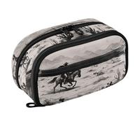 Grckit Trousse à crayons vintage Western Cowboy, grande capacité, organiseur multi-compartiments avec boucles élastiques pour stylos, fenêtre transparente, double fermeture éclair, 21 x 7,9 x 12,4 cm