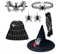 Greabuy Ensemble de costume de sorcière comprenant une cape, un chapeau, un masque pour les yeux, un collier, des boucles d'oreilles, des chaussettes pour enfant, Halloween, cosplay, fête, Halloween