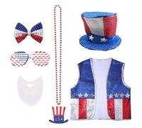 Greabuy Lot de 6 accessoires de costume de fête de l'indépendance avec chapeau patriotique nœud papillon gilet lunettes collier pour le 4 juillet
