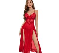 Greabuy Nuisette 2 pièces pour femme avec col en V et dentelle florale - Chemise de nuit en maille transparente avec string - Nuisette en dentelle et culotte, Rouge, XXL