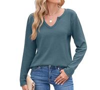 Greabuy Pull ample pour femme à manches longues et col en V décontracté en tricot ample, bleu/gris, S-XXL