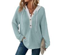 Greabuy Sweat à capuche surdimensionné en tricot gaufré à manches longues avec cordon de serrage, bouton de couleur contrastée, col en V, pull décontracté pour femme, vert