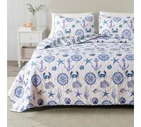 Great Bay Home Azure Coastal Collection Parure de lit 3 pièces avec taies d'oreiller. Couvre-lit réversible thème Plage Lavable en Machine. Twin Azur