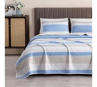 Great Bay Home Bryce Quilts Collection Couette légère réversible 3 pièces avec 2 taies d'oreiller | Toutes Saisons, Moderne, à Rayures | Ensembles de Dessus-de-lit rayé Bleu et Taupe