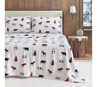 Great Bay Home Parure de lit 4 pièces en Flanelle 100% Coton Turc pour Grand lit | Draps de lit et taies d'oreiller de Noël Chauds à Double brossage (Grand lit, élan à Carreaux)
