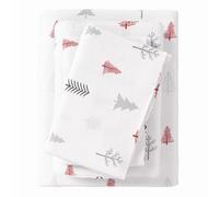 Great Bay Home Parure de lit 4 pièces en Flanelle 100% Coton Turc pour Grand lit | Draps de lit et taies d'oreiller de Noël | Chaudes, doublement brossée (Grand lit, Arbres d'hiver, Rouge)