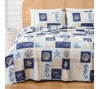Great Bay Home Twin/Twin XL Coastal Bedding Set, Summer Coastal Quilt with Sham, Beach 2-Piece Reversible All Season Bedspread Quilt Set. Lightweight Nautical Quilted Coverlet. Navy/Taupe