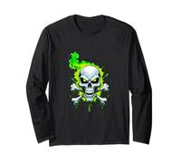 Great Skull T-shirt tête de mort et os croisés avec flammes vertes Manche Longue