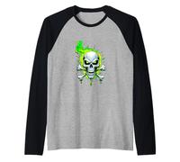 Great Skull T-shirt tête de mort et os croisés avec flammes vertes Manche Raglan
