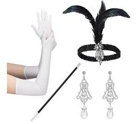 GreatGatsby Accessoires de fête pour femme : bandeau, boucles d'oreilles, porte-cigarettes, gants longs pour cocktail, fête vintage, ensemble d'accessoires de costume GreatGatsby, blanc, taille unique