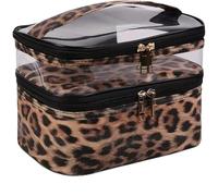 GreatRise Trousse de toilette en cuir synthétique à double couche - Motif léopard - Trousse de toilette portable - Étanche - En PVC - Organiseur de maquillage pour homme et femme, café