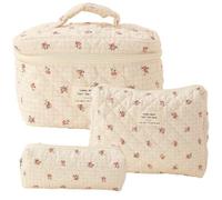 GreatRise Trousse de toilette matelassée pour femme - Trousse de toilette en coton - Motif floral - Portable - Organiseur cosmétique - Trousse de maquillage Kawaii - Fleurs à carreaux - 25 x 16 x 16
