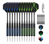 Grebarley Fléchettes, Fléchettes Pointe Acier, 6 pièces 20 grammes et 6 pièces 22 grammes, fléchettes Professionnelles en Acier 18 Tige en Aluminium avec 9 Vols 20 Anneaux (Bleu & Vert)