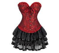 Grebrafan Broderie Corset Bustier Medieval et Jupe Tulle Punk Rock (EUR(30-32) XS, Noir Rouge)