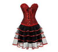 Grebrafan Corset Broderie Femme Jupe Tulle Ensemble Bustier Gothique (EUR(46-48) 5XL, Noir Rouge)