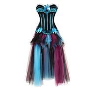 Grebrafan Corset Bustier Femme Rayé et Jupe Longue Tulle Steampunk (EUR(28-30) XXS, Turquoise)