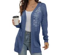 GRECERELLE Cardigan d'été léger en dentelle ajourée pour femme - Manches longues - Couverture de plage ouverte sur le devant - Couleur unie - Protection solaire, L06 Bleu Gris, L