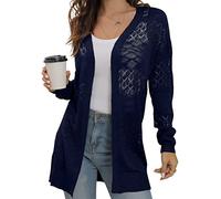 GRECERELLE Cardigan d'été léger en dentelle ajourée pour femme - Manches longues - Couverture de plage ouverte sur le devant - Couleur unie - Protection solaire, L03 Bleu marine, L