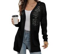 GRECERELLE Cardigan d'été léger en dentelle ajourée pour femme - Manches longues - Couverture de plage ouverte sur le devant - Couleur unie - Protection solaire, L01 Noir, XL