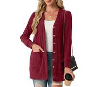 GRECERELLE Cardigan d'été long pour femme, élégant, léger, décontracté, col en V, cardigan côtelé avec poche, boutons, bordeaux, XXL