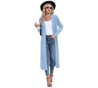 GRECERELLE Cardigan d'été long pour femme, extra long, élégant, léger, décontracté, tricoté, col en V, avec boutons en bois rétro, poches, bleu jeans, L
