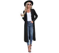 GRECERELLE Cardigan d'été long pour femme, extra long, élégant, léger, décontracté, tricoté, col en V, avec boutons en bois rétro, poches, Noir , XXL