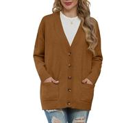 GRECERELLE Cardigan d'hiver en tricot à manches longues avec col en V boutonné et poche pour femme, caramel, XXL