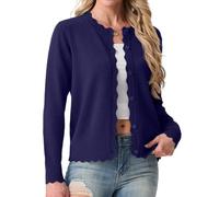 GRECERELLE Cardigan en tricot à col rond léger à manches longues pour femme avec boutons festonnés pour robe d'été, soirée, mariage, bleu marine, L