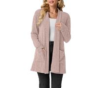 GRECERELLE Cardigan femme long et accueillant, ouvert sur le devant, élégant, décontracté, cardigan femme avec col châle, pull femme avec poches, automne, hiver, printemps, Rose poudre, XL