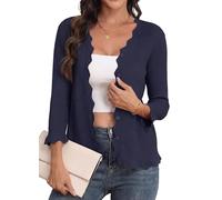 GRECERELLE Cardigan léger à col en V festonné à manches 3/4 pour femme - Pull côtelé doux et décontracté - Vêtement d'extérieur élégant, bleu marine, XL