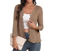 GRECERELLE Cardigan léger à col en V festonné à manches 3/4 pour femme - Pull côtelé doux et décontracté - Vêtement d'extérieur élégant, camel, XXL