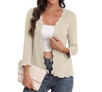 GRECERELLE Cardigan léger à col en V festonné à manches 3/4 pour femme - Pull côtelé doux et décontracté - Vêtement d'extérieur élégant, abricot, XXL