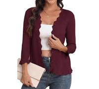 GRECERELLE Cardigan léger à col en V festonné à manches 3/4 pour femme - Pull côtelé doux et décontracté - Vêtement d'extérieur élégant, rouge vin, XL