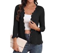 GRECERELLE Cardigan léger à col en V festonné à manches 3/4 pour femme - Pull côtelé doux et décontracté - Vêtement d'extérieur élégant, Noir , L